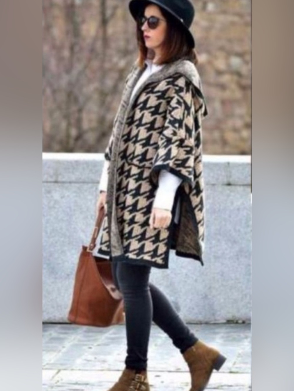 Zara Knit Black & Gray Houndstooth Cape Jacket in Size Medium